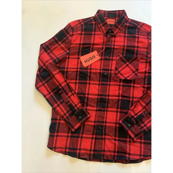 Hugo Boss Men's Red Plaid Ermann Long Sleeve Button Down Shirt Medium NWT - Picture 2 of 10